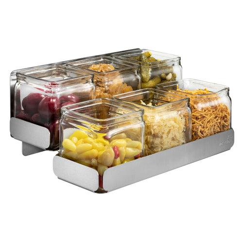 Condiment Station, 12-5/8'' x 8-1/3'' x 5-1/2'', 2-level, includes (6) glass jars, stainless steel, Made in USA