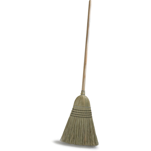 Warehouse Corn Broom, 56'' tall, 12'' wide head, metal retaining bands, 5-sew synthetic stitching, 30# fill, blended corn bristles, heavy-duty lacquered wood handle, natural color
