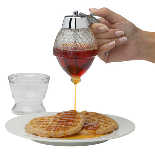 HIC Honey/Syrup Dispenser, 8 oz., no-drip, 2 pieces (jar & stand), glass