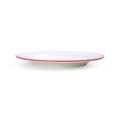 Bistro Plate, 7'' dia., round, wide rim, vitrified porcelain, white with red band