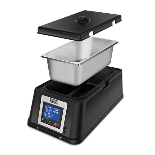 Chocolate Melter, countertop, 3kg (6.61 lbs.) capacity, 9-1/4''W x 16-3/4''D x 7''H, cutouts for ladle & probe, water-resistant touch controls & digital LCD display, temperature range 68F - 140F, displayed in Fahrenheit