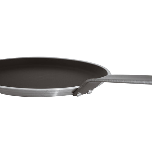 Crepe Pan, 10-1/4'' dia., 5/32'' thick non-stick aluminum, long riveted flat iron handle, Paderno, Cookware