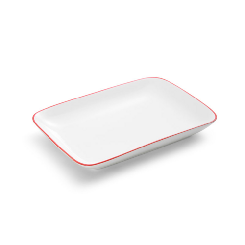 Bistro Plate, 12''L x 7-1/10''W, rectangular, coupe,  vitrified porcelain, white with red band