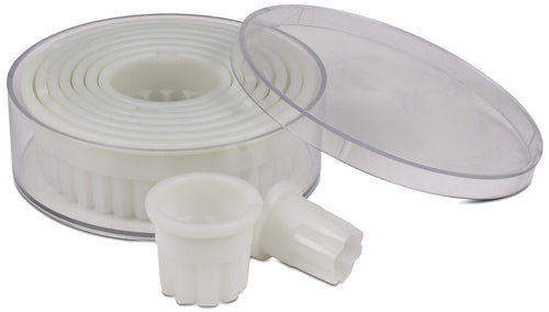 Cutter Set, size range 3/4'' dia. to 4'' dia., round, fluted, heat resistant, dishwasher safe, polyglass plastic, white (set of 9 pieces)