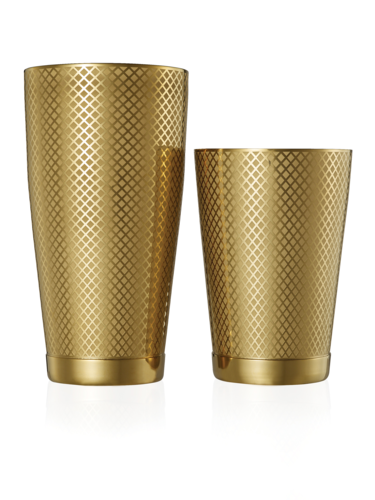 Barfly Diamond Lattice Cocktail Shaker Set, includes: (1) each 28 oz. & 18 oz. shaker, gold-plated exterior finish, etched design