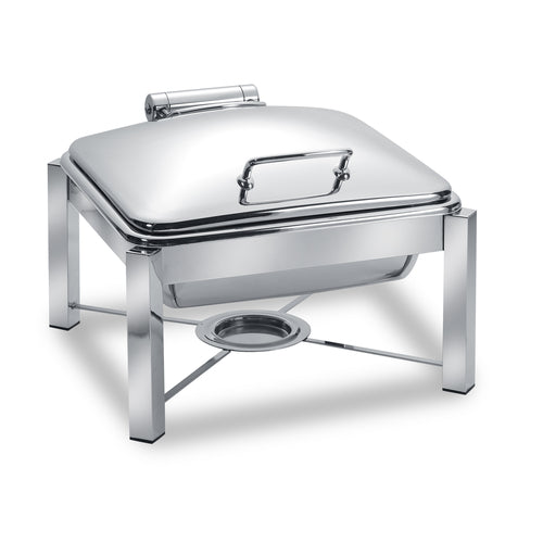 Pillar'd Induction Chafing Dish, 6 qt., square, hinged dome lid, with stand, food pan and sterno, non-skid rubber feet, works on all induction warmers/cookers/or as a chafer tabletop, stainless steel, 4 Star Series