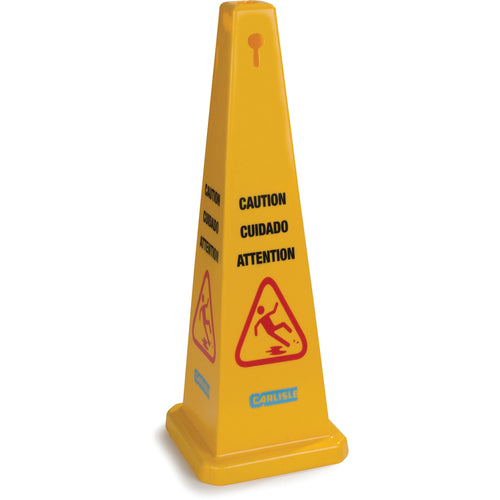Safety Cone Floor Sign, ''Caution'', 12-1/2''W x 36''H, triangular, 360 visibility, multi-lingual (English/Spanish/French), polypropylene, yellow