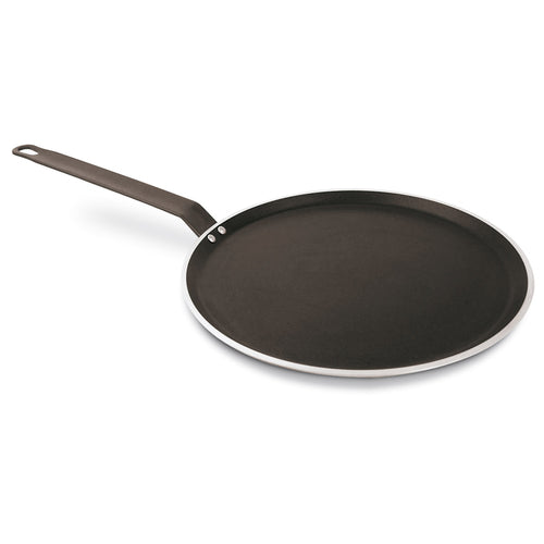 Crepe Pan, 10-1/4'' dia., 5/32'' thick non-stick aluminum, long riveted flat iron handle, Paderno, Cookware
