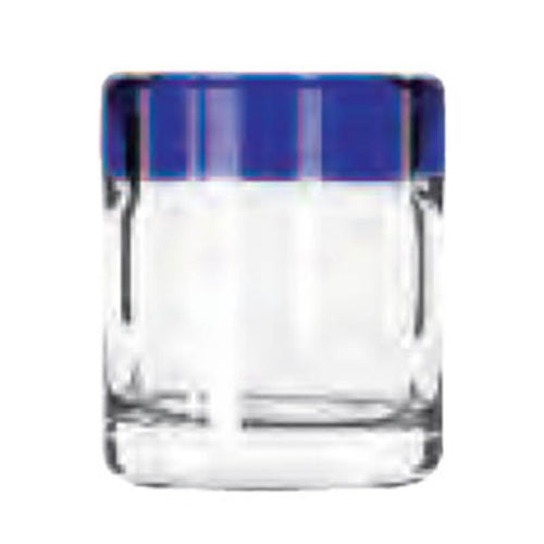 Shot Glass, 2-1/2 oz., with cobalt blue rim, anneal treated, dishwasher and microwave safe, hand blown, glass, Aruba (H 2-3/8''; T 2''; B 2''; D 2'')