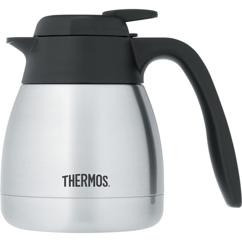 Thermos Push Button Carafe, 20 oz. (.6 L), push button lid, double wall vacuum insulated, black top & handle, 6 hours hot/cold retention (cold 44/hot 154), dishwasher safe, stainless steel, NSF