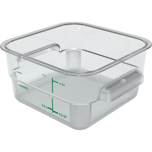 Squares Food Storage Container, 2 qt., 7-1/8'' x 3-4/5''H, square, polycarbonate, clear with green print, NSF, Made in USA