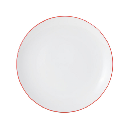 Bistro Plate, 10'' dia., round, coupe, vitrified porcelain, white with red band