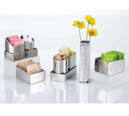 Sugar Packet/Cube Holder, 2'' dia. x 2-3/4''H, angled, stainless steel, hammered finish