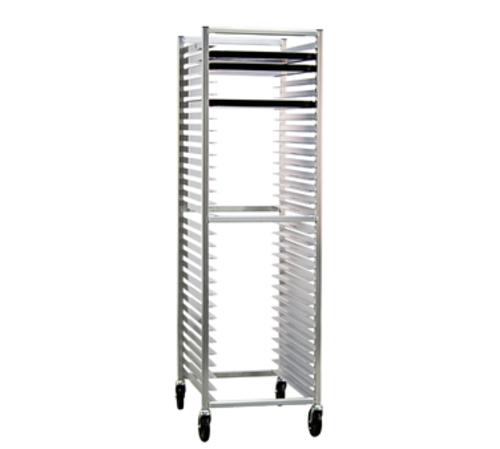 Bun Pan Rack, full height, open sides, with angle guides on 2'' centers, capacity 30 - 18'' x 26'' sheet pans, all welded tubular aluminum frame, end loading