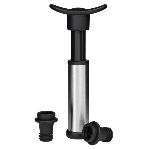 VinoVac Vacuum Wine Preservation, includes: (1) 3-1/4'' x 1-1/4'' x 5'' stainless steel pump, (2) black stoppers