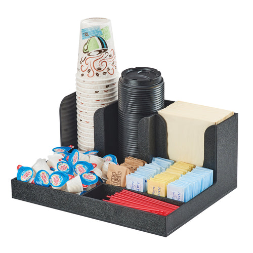 Condiment Station, 14''W x 11''D x 6-1/2''H, (9) compartment, accommodates up to 3-3/4'' dia. cups/lids, ABS plastic, black