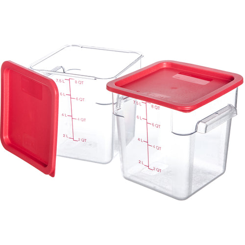 Squares Food Storage Container Set, 8 qt., 8 qt., 8-3/4'' x 9''H, square, with lids,  clear with red print, NSF, Made in USA (2 sets per case)
