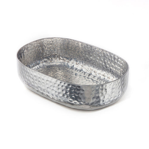 Entree Basket, 48 oz., 9''L x 6''W x 2-1/4''H, oval, hand-wash only, hammered aluminum, silver