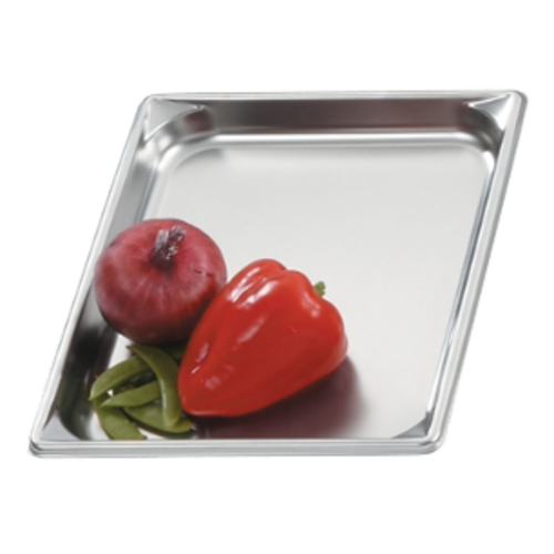 Super Pan V Food Pan, 2/3 size, 1-1/4'' deep, 3 qt capacity, 22 gauge, 300 series stainless steel, reinforced pour corners, reverse formed flattened edges, anti-jamming design