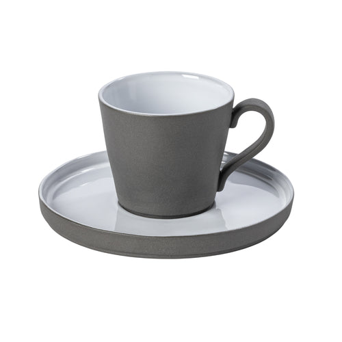 Tea Cup & Saucer, 7 oz., 4.25''L x 3.25''W x 3''H, round, heat & chill retention, eco-friendly, recycled fine stoneware, Lagoa Eco-Gres Collection, whitey