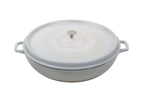 Heiss Braiser Pan, 7.5 qt. (8 qt. rim full), 14-3/4'' dia. x 3-3/16''H, round, with lid, heat resistant to 500F,  antique white with black interior, clear coat finish