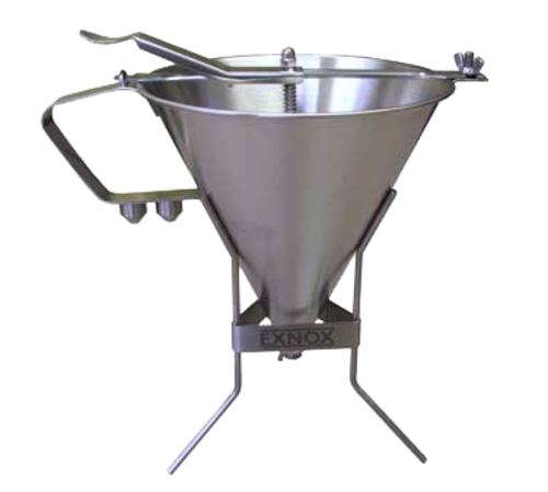 Sauce Funnel, stainless steel, 9-1/2''H, 11'' dia., 1.9 L (2 qt) capacity, mechanism can be dismantled for cleaning, includes (3) nozzle sizes: 4, 6 and 8 mm (1/8'', 1/4'' and 3/8''), includes stand
