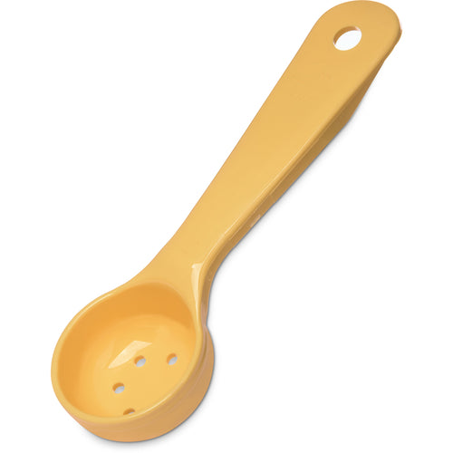Measure Miser Portion Spoon, 1 oz., perforated, short handle, flat bottom, resting notch, dry heat-resistant to 270 F, break-resistant, dishwasher safe, acetal, yellow, NSF, BPA free