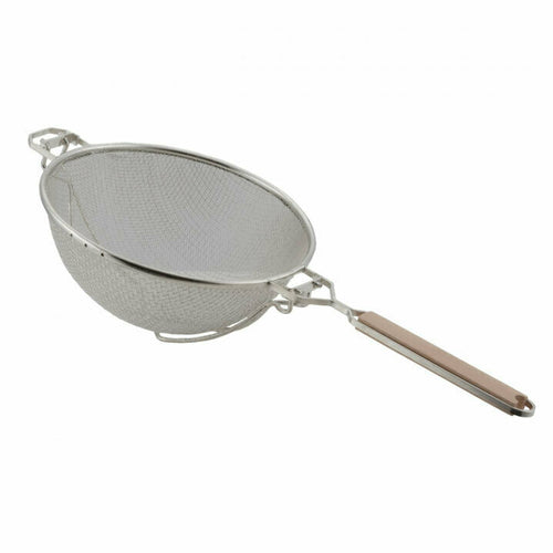 Strainer, 10'', stainless steel, double medium mesh, heavy duty reinforced wires, wood handle