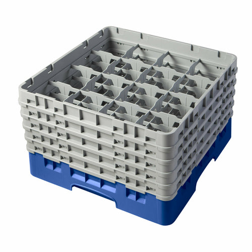 Camrack Glass Rack, with (5) soft gray extenders, full size, 19-3/4'' x 19-3/4'' x 12-1/8'', (16) compartments, 4-3/8'' max. dia., 10-1/8'' max. height, blue, HACCP compliant, NSF
