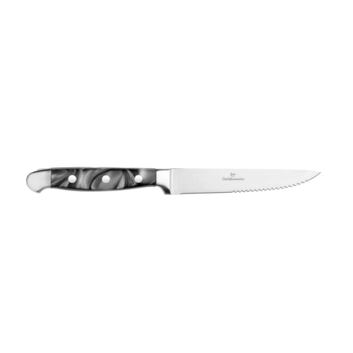 Serrated Steak Knife, 9-1/4'' overall, 4-3/4'' blade, forged, stainless steel blade, black resin acrylic handle with marble finish, Chef & Sommelier