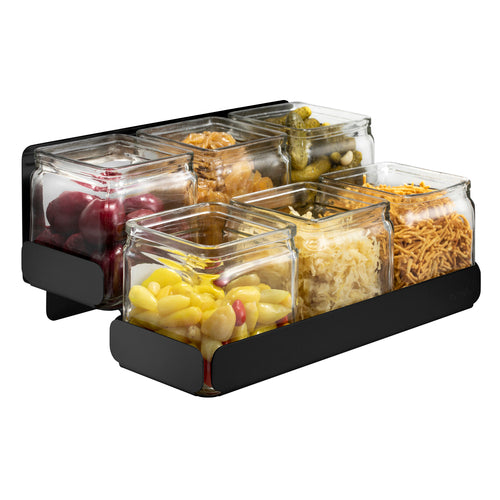 Condiment Station, 12-5/8'' x 8-1/3'' x 5-1/2'', 2-level, includes (6) glass jars, steel with black matte finish, Made in USA