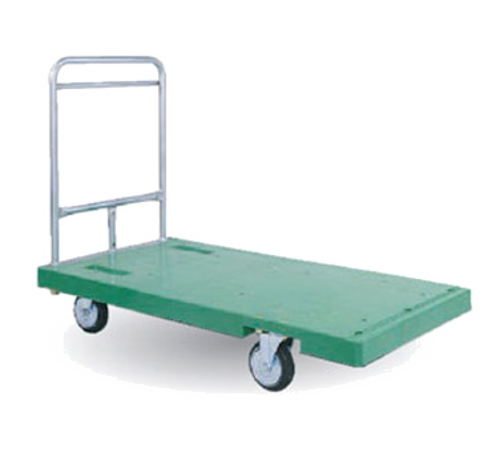 Plastic Platform Truck, 9''H deck, 25''W x 52''L, injection molded green polypropylene, corrosion and impact resistant, 35''H epoxy coated handle, steel reinforcement channels, 6'' mold-on rubber casters (2 swivel, 2 rigid), 2000 lb. capacity