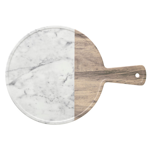 Serving Board, 12'' dia. x 1/2''H, with 5'' handle, melamine with faux wood & marble look