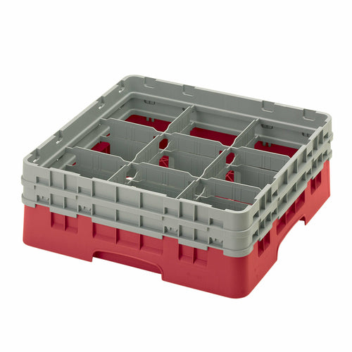 Camrack Glass Rack, with (2) soft gray extenders, full size, 19-3/4'' x 19-3/4'' x 7-1/4'', (9) compartments, 5-7/8'' max. dia., 5-1/4'' max. height, red