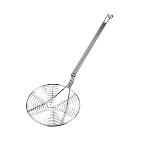 Skimmer, 7'' dia., 20'' OA length, round, spiral wire, hooked handle, nickel plated