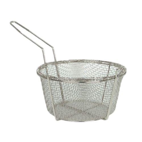 Fry Basket, 9-1/2'' dia. x 4-1/2'', front hook, bottom cross support, wire mesh, nickel plated