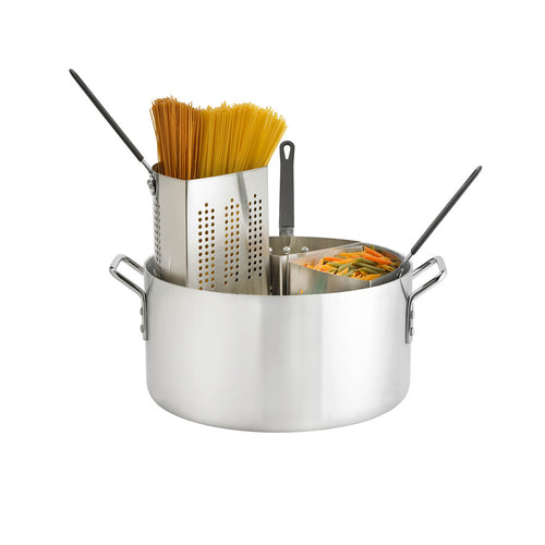 Thermalloy Pasta Cooker Set, 5-piece, includes (1) 20 qt., 14-1/4'' dia. x 7''H pot & (4) stainless steel perforated inset baskets, riveted handles, operates with gas/electric/ceramic/halogen, standard weight, aluminum, natural finish