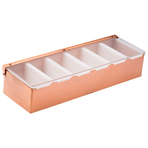 Condiment Holder, with 6 Inserts, 17.75'' x 3.875''H, rectangle, stainless steel, copper, Utopia