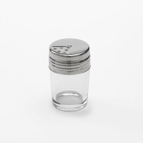 Shaker, 2 oz., 2'' dia. x 3-1/8''H, stainless steel adjustable dial top, glass, clear