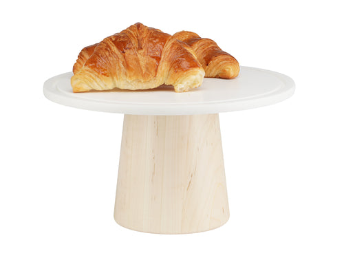Blonde Cake Stand, 12'' dia. x 7''H, soft white corian plate, maple wood base