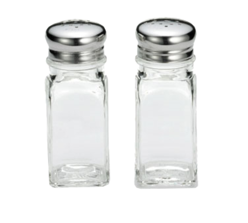 Salt/Pepper Shaker, 2 oz., 1-1/2'' x 4''H, square clear glass, dishwasher safe, stainless steel tops