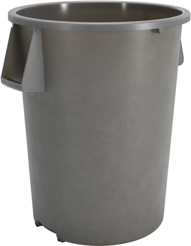 Bronco Waste Bin Trash Container, 55 gallon, 33''H x 26-1/2'' dia., round, stackable, double-reinforced stress ribs, ergonomic handles, integrated bag cinches, drag skids, deep hand holds on base, polyethylene, gray, NSF, Made in USA