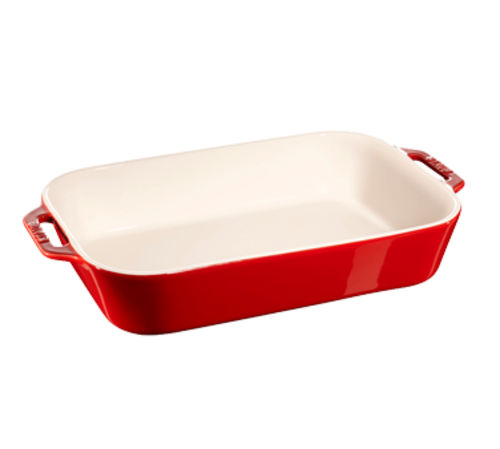 Staub Dish, 4.75 qt. (152 oz.), 16-1/8'' x 9-4/5'' x 3-1/8''H OA, rectangular, with handles, scratch, impact and thermal shock resistant, dishwasher, broiler, microwave, freezer and oven safe, up to 572F, ceramic, cherry
