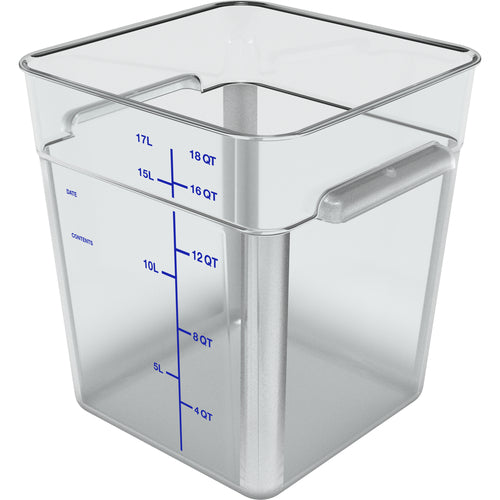 Squares Food Storage Container, 18 qt., 11-1/8'' x 12-5/8''H, square, polycarbonate, clear with blue print, NSF, Made in USA