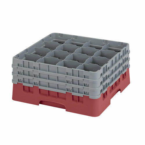 Camrack Glass Rack, with (3) soft gray extenders, full size, 19-3/4'' x 19-3/4'' x 8-7/8'', (16) compartments, 4-3/8'' max. dia., 7-3/4'' max. height, cranberry, HACCP compliant, NSF