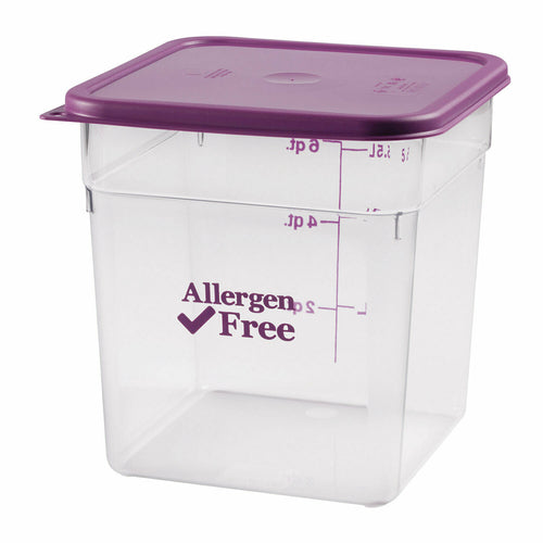 CamSquare Food Container, 8 qt., 8-3/8''L x 8-3/8''W x 9-1/8''H, allergen-free purple, allergen-free logo imprinted, polycarbonate, dishwasher safe, resists stains & odors, clear, NSF