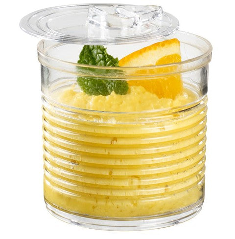 Solia Tin Can with lid; clear, plastic, 3.7 oz, (Case of 200) Product dimensions: 2.3 Inch H by 2.4 inch D.