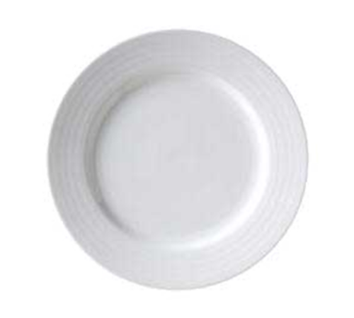 Plate, 10-1/2'' dia., round, embossed, polished foot, porcelain, bright white