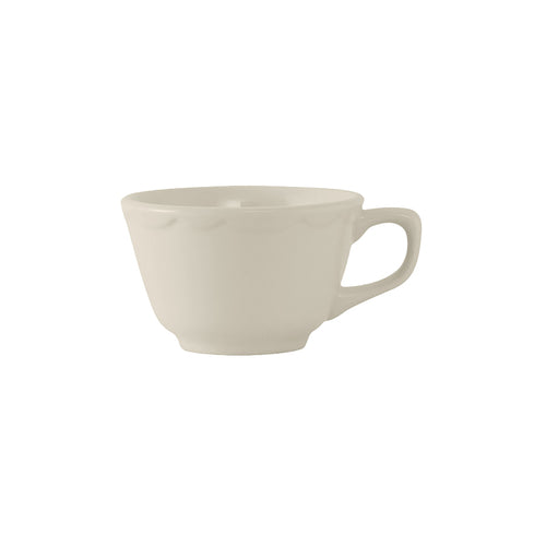 Cup, 7 oz., 3-7/8'' dia. x 2-3/8''H, scalloped edge, fully vitrified, lead-free, ceramic, Shell, American White/Eggshell
