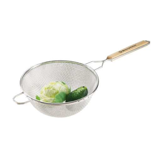 Strainer, 8'' bowl, 6-1/2''L handle, double fine mesh, wood flat-bottom handle, pan hook, reinforced wire rim, full-bathed tinned